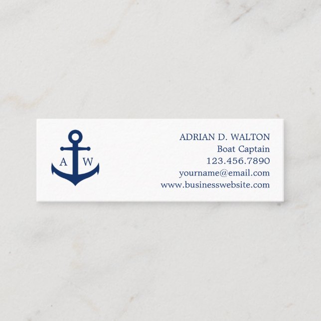 Simple Monogram Nautical Navy Blue Anchor Mini Business Card (Front)