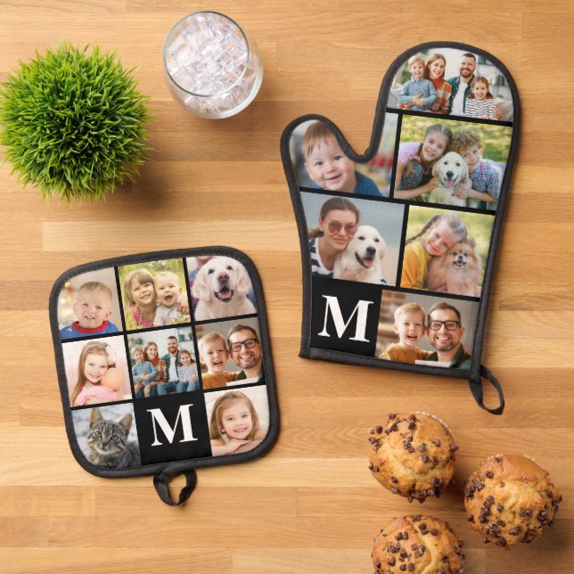 Simple Monogram Photo Collage Mitt 6 Potholder 8 Oven Mitt & Pot Holder Set (Top Down)