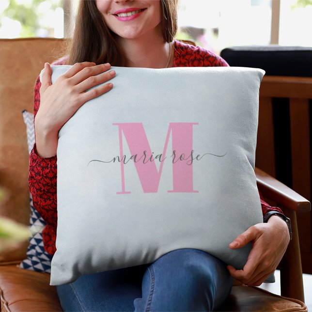 Simple Monogram Pink and Blue Cushion (Pink Monogram simple script throw pillow)
