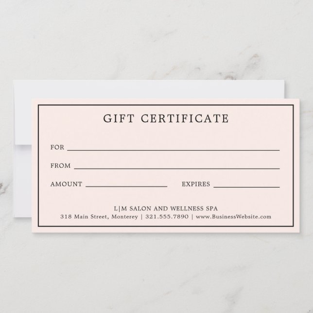 Simple Monogram Pink Blush Gift Certificate (Front)