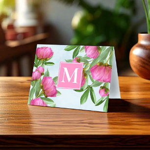 Simple Monogram Pink Floral Custom Note Card