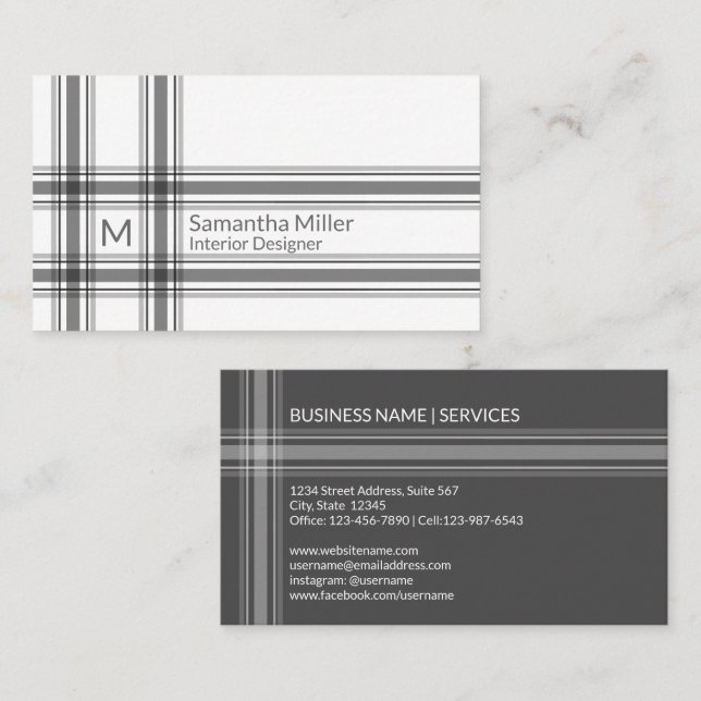 Simple Monogram Plaid Stripe Modern Minimalist Business Card (Front/Back)