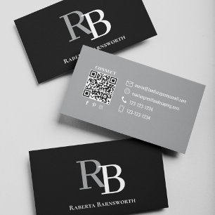 Simple Monogram QR Code Black Connect with Me Business Card