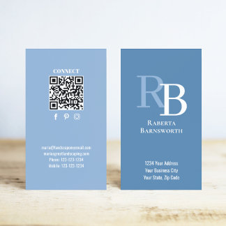 Simple Monogram QR Code Blue | Connect with Me Business Card