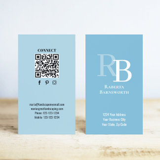 Simple Monogram QR Code Blue | Connect with Me Business Card
