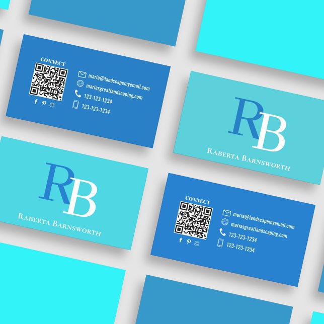 Simple Monogram QR Code Blue | Connect with Me Business Card (Blue and turquoise monogram business card.)