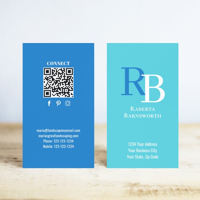 Simple Monogram QR Code Blue | Connect with Me Business Card (Blue two tones monogram business card with a QR code.)