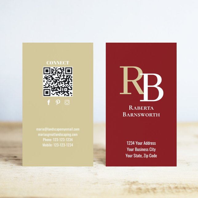 Simple Monogram QR Code Burgundy | Connect with Me Business Card (Burgundy and gold monogram business card.)