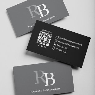 Simple Monogram QR Code Grey Connect with Me Business Card