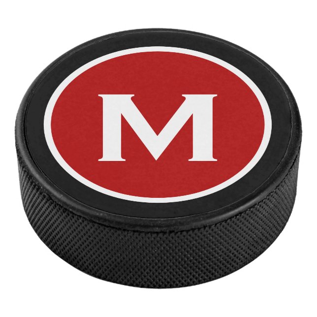 Simple Monogram Red Black Hockey Puck (3/4)