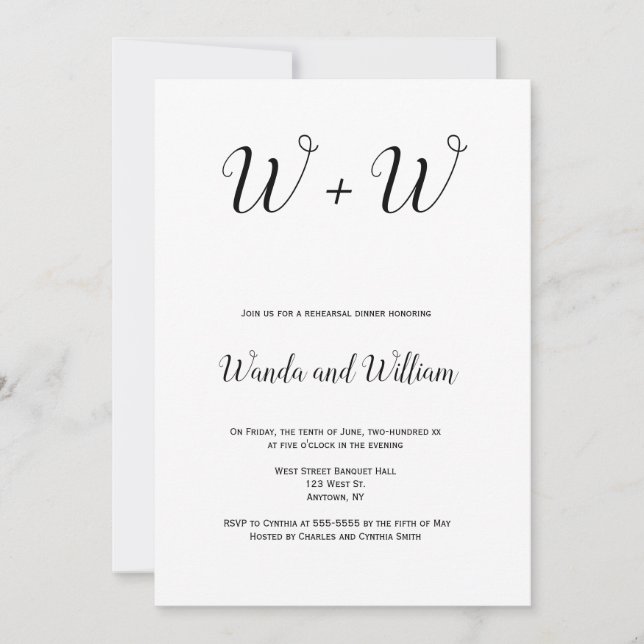 Simple monogram rehearsal dinner invitations (Front)
