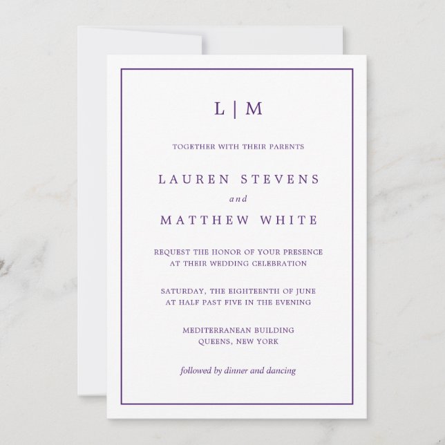 Simple Monogram Royal Purple All In One Wedding Invitation (Front)