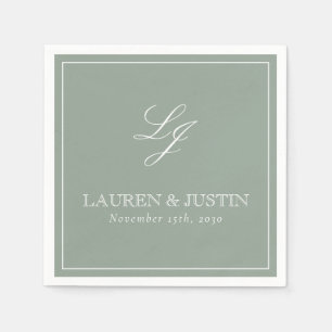Simple Monogram Sage Green Elegant Script Wedding Napkin