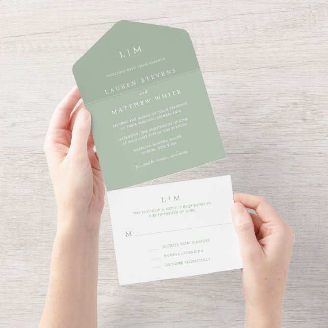 Simple Monogram Sage Green Formal Elegant Wedding All In One Invitation (Tearaway)