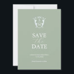 Simple Monogram Sage Green Save The Date<br><div class="desc">Announce your engagement with this modern save the date card. It features a mix of classic and script typography in white over a solid sage green background. Enter the bride and groom's monogram in the centre of a pale blue crest. All the colours can be customised to suite your wedding...</div>