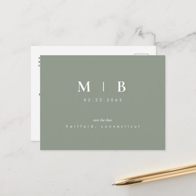 Simple Monogram Sage Save the Date QR  Announcemen Announcement Postcard (Front/Back In Situ)
