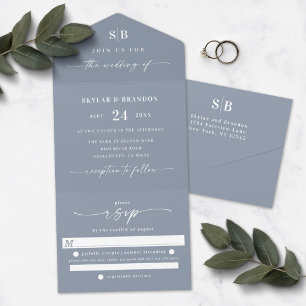 Simple Monogram & Script Dusty Blue Wedding All In One Invitation