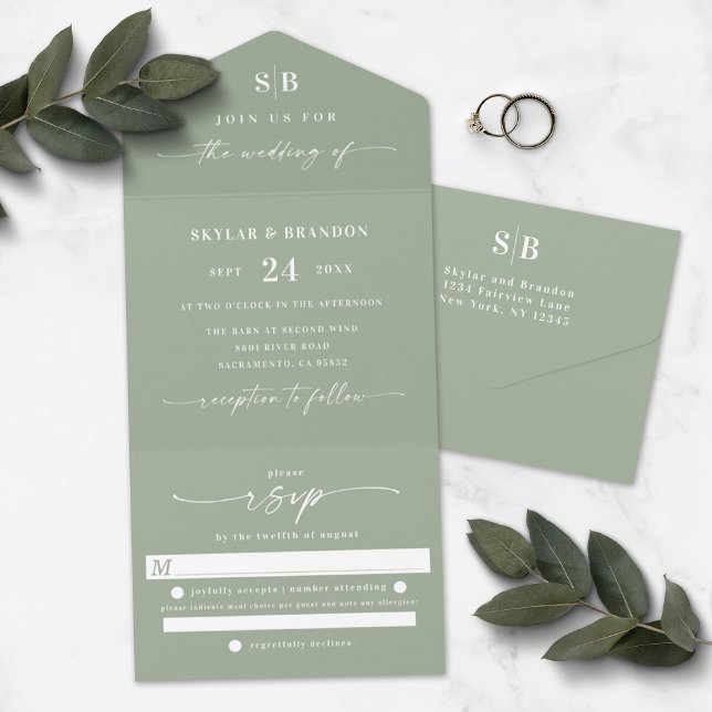 Simple Monogram & Script Leaf Green Wedding All in One Invitation (Creator Uploaded)