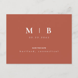 Simple Monogram Terra Cotta Wedding Save the Date  Announcement Postcard