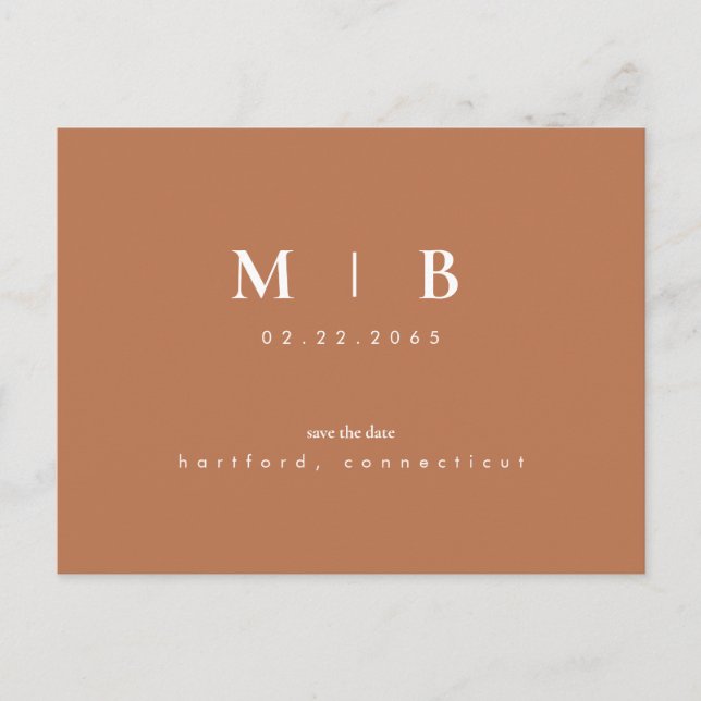 Simple Monogram Terracotta Save the Date QR Code Postcard (Front)