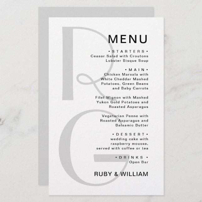 Simple Monogram Typography minimalist wedding menu (Front/Back)