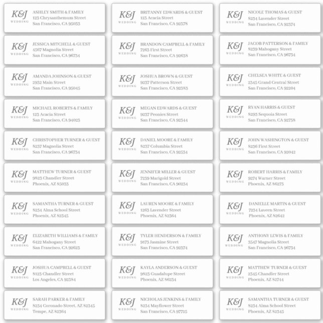 Simple Monogram Wedding Guest Names Address (Front)