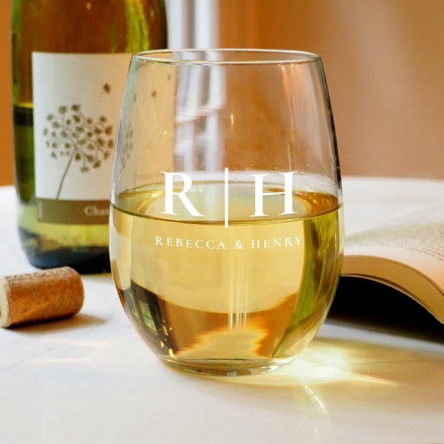 Simple Monogram Wedding Stemless Wine Glass (Creator Uploaded)