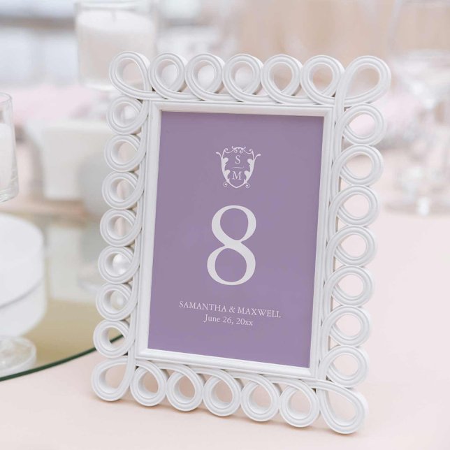 Simple Monogram Wedding Table Number Cards (Wedding table numbers simple purple monogram)