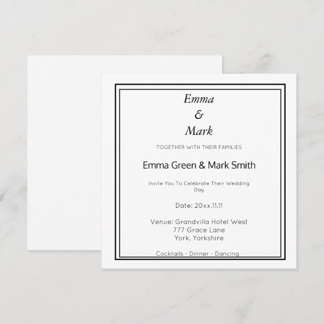 Simple Monogram Wedding White Square Invitation (Front/Back)