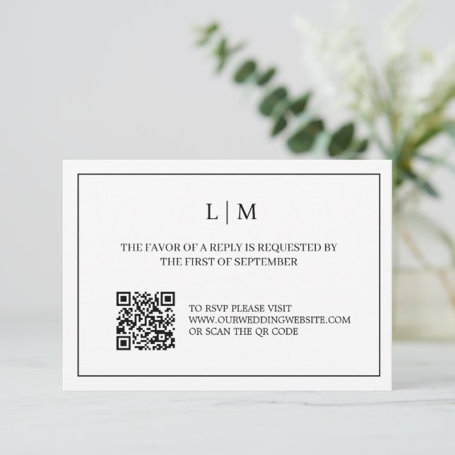 Simple Monogram White QR Code Wedding RSVP Card (Standing Front)