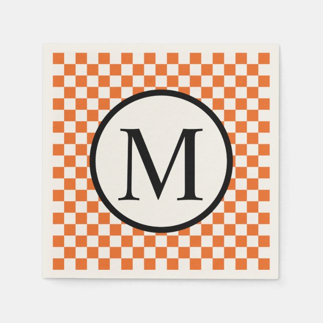 Simple Monogram with Orange Chequerboard Napkin (Front)