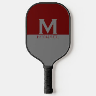 Simple monogrammed design in grey & burgundy pickleball paddle