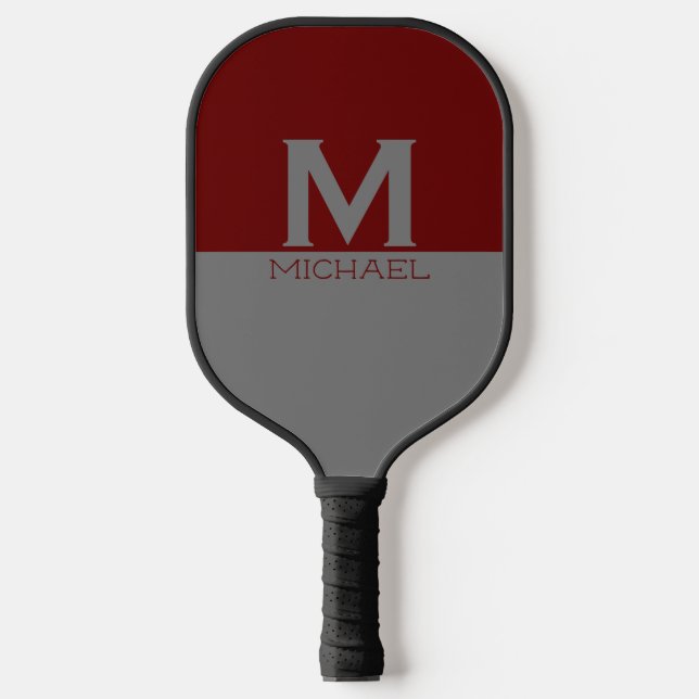 Simple monogrammed design in grey & burgundy pickleball paddle (Front)
