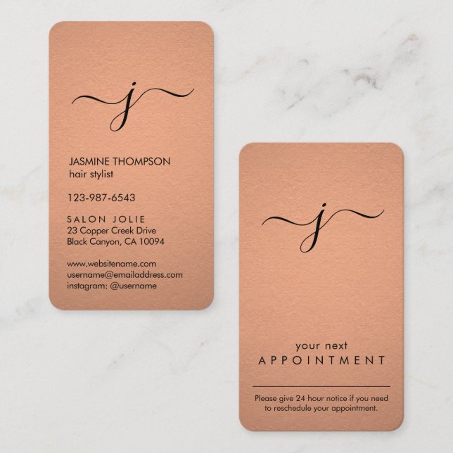 Simple Monogrammed Faux Copper Foil Vertical Appointment Card (Front/Back)