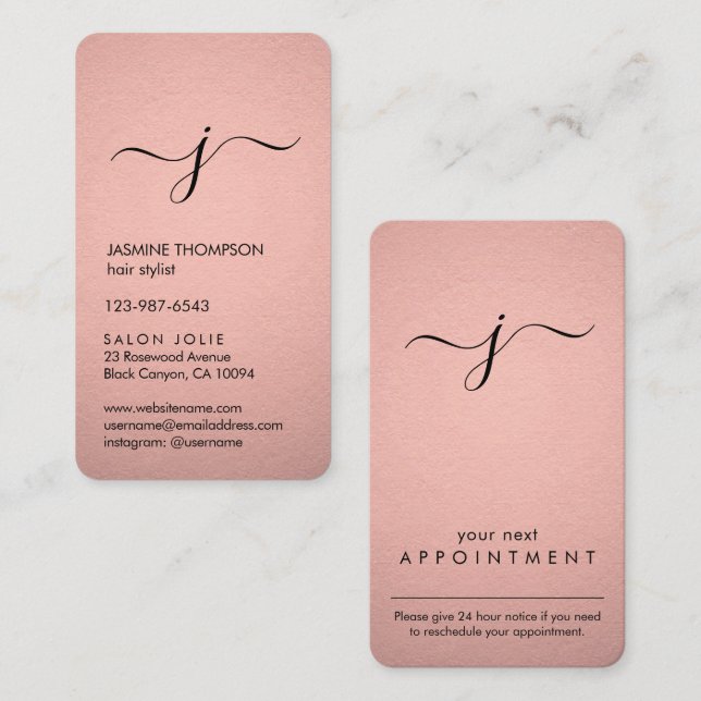 Simple Monogrammed Faux Rose Gold Foil Vertical Appointment Card (Front/Back)