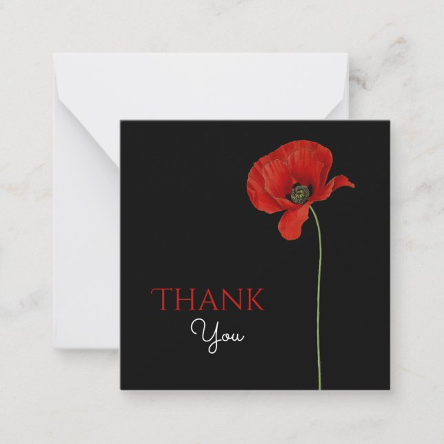 Simple Monogrammed Red Poppy on Black Thank You Card (Front)