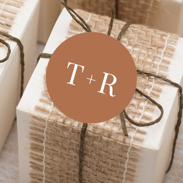 Simple Monogrammed Terracotta Wedding Classic Round Sticker (Creator Uploaded)
