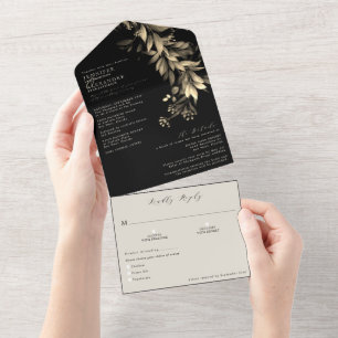 Simple Moody Greenery Black & Beige Wedding All In One Invitation