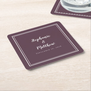 Simple Moody Purple Wedding Modern Minimalist Square Paper Coaster