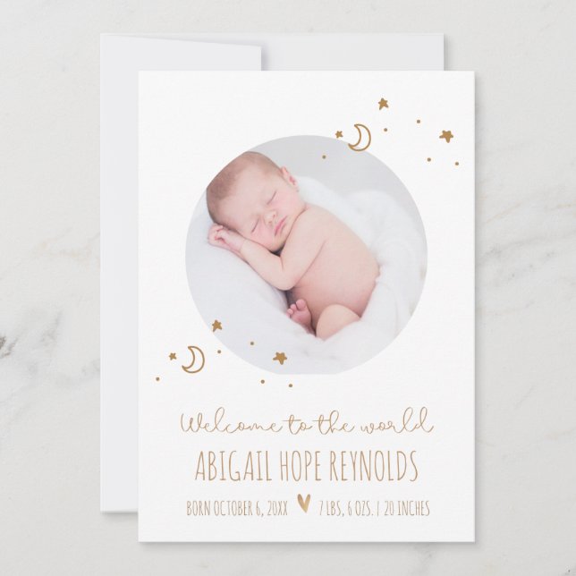 Simple Moon and Stars Baby Birth Photo (Front)