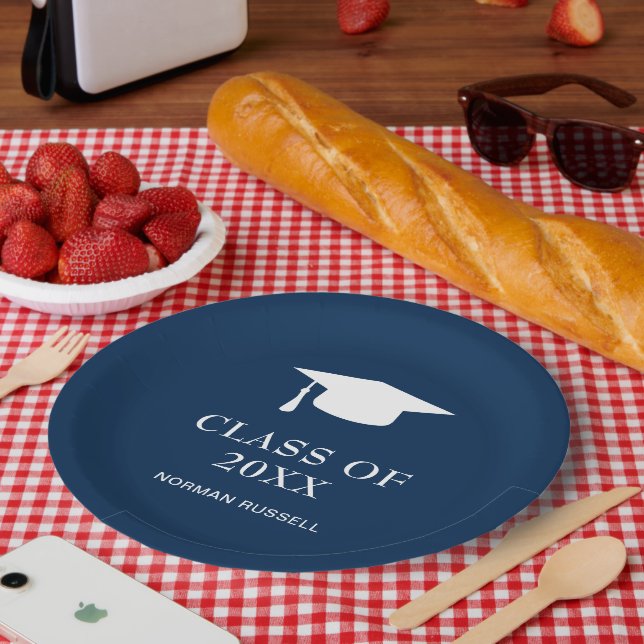 Simple Mortar Board Navy Blue Modern Graduation Paper Plate (Picnic)