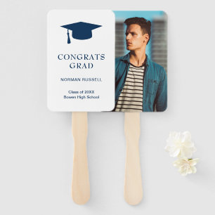 Simple Mortar Board Navy Blue Photo Graduation Hand Fan