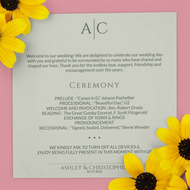 Simple Moss & Sage Green Monogram Wedding Ceremony Programme (Creator Uploaded)