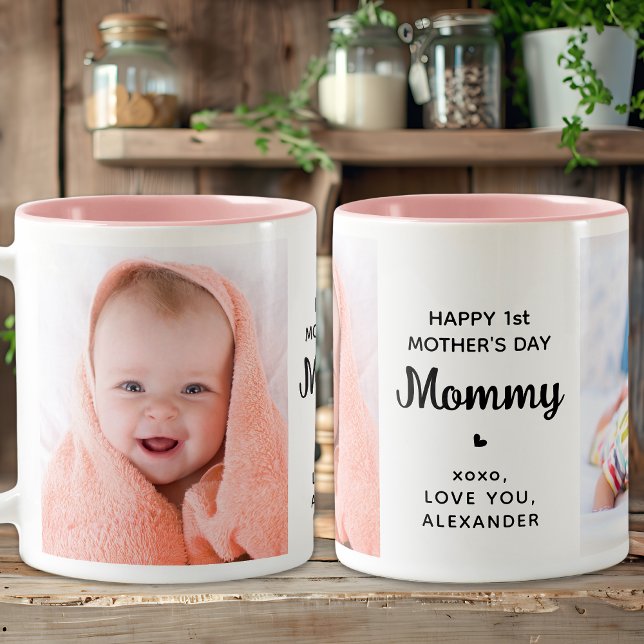 Simple Mothers Day Personalised 2 Photo Pink Two-Tone Coffee Mug (Creator Uploaded)