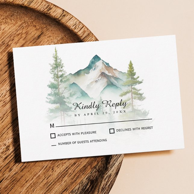 Simple Mountain And Pine Trees Wedding RSVP Card (Rustic-inspired RSVP wedding card featuring a watercolor design of mountains and pine trees.)