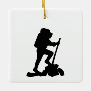 simple mountain hiking man black silhouette ceramic ornament