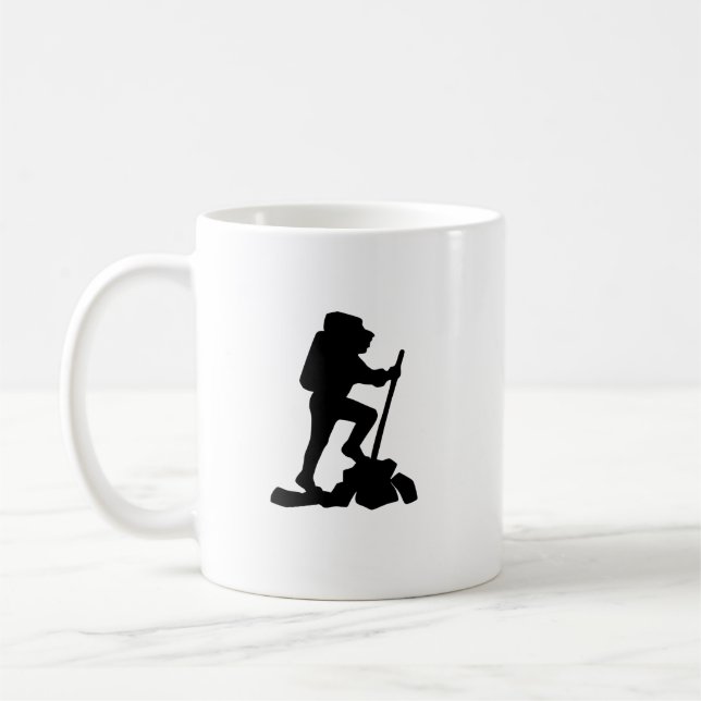 simple mountain hiking man black silhouette coffee mug (Left)
