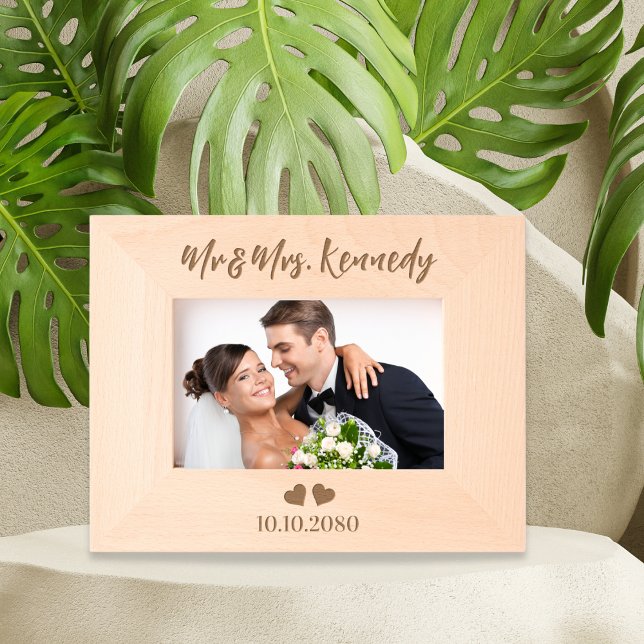 Simple Mr And Mrs Last Name Wedding Date Hearts Etched Frames (Creator Uploaded)