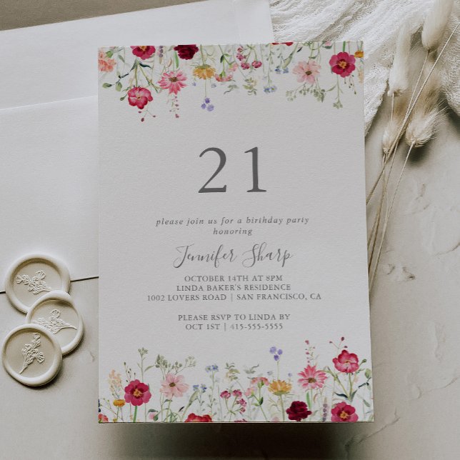 Simple Multicolor Wildflower 21st Birthday Party Invitation (Creator Uploaded)