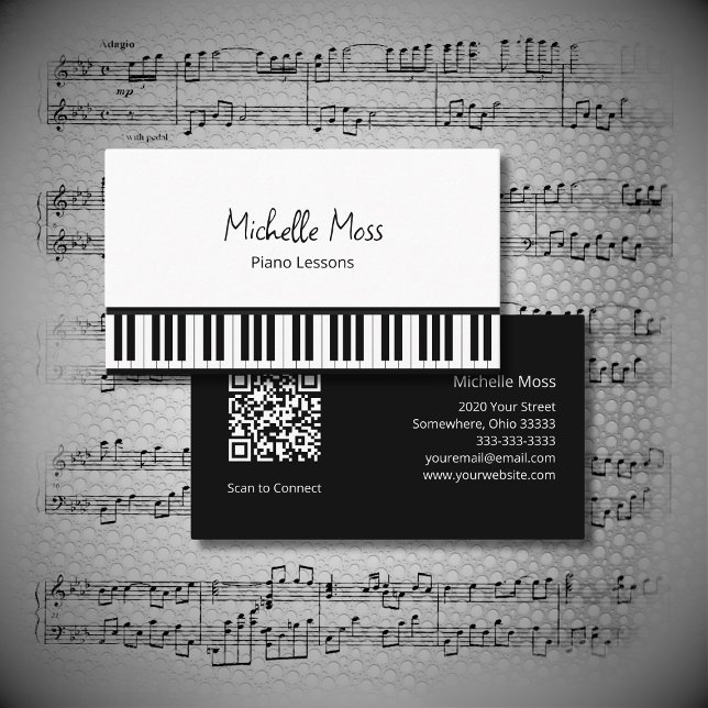 Simple Musical Black White Piano Music Teacher  Business Card (Creator Uploaded)